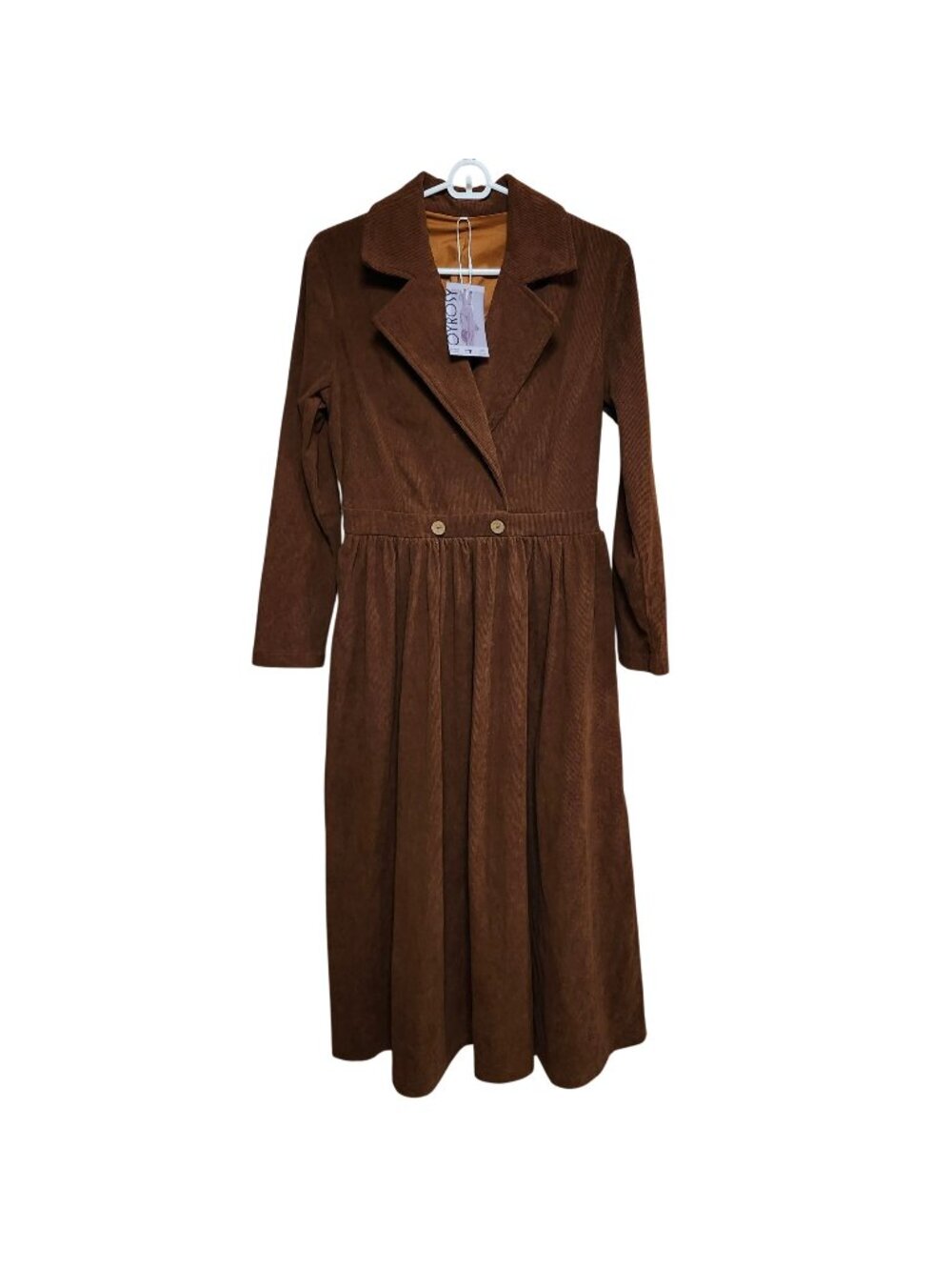 Oyrosy Women's Small Brown Corduroy Maxi Dress Long Sleeve Collared Lined NWT
